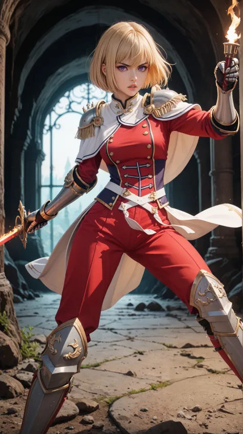 absurdres, masterpiece, best quality, very aesthetic, 1girl, solo,
ChopioCha, blonde hair, hair between eyes, purple eyes, looking at viewer, 
anime coloring, long legs, medium breasts,
medium hair, bob cut,
outfit_4, armor, shoulder armor, epaulettes, gau...