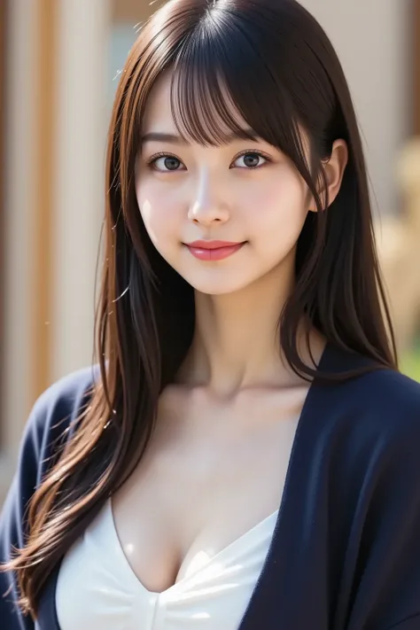 The face is positioned exactly in the center of the image , black hair , Tight Chest 、, the entire head is fully reflected , Face clearly visible、white blouse with open chest collar and navy jacket, Women's Room Background , long hair per person、bungs, sm...