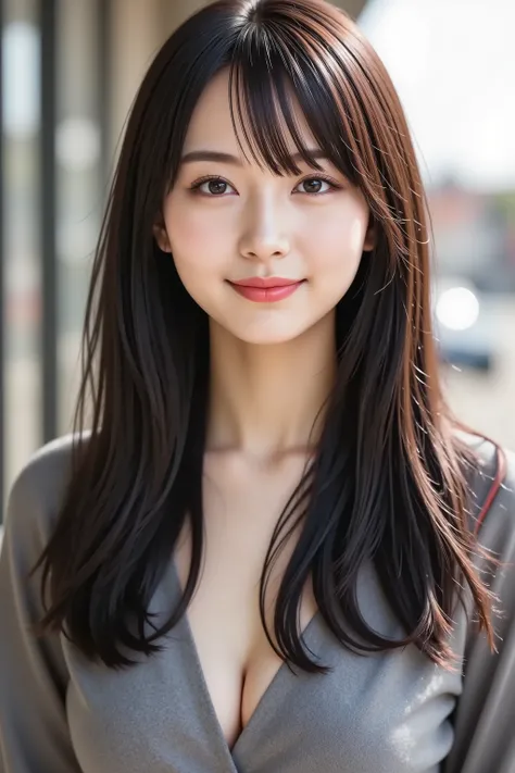with the face positioned accurately in the center of the image, Upper chest,  fine, clean skin、head is fully reflected with tight tension, face is clearly visible as a full body shot, A black rubber suit that is in close contact with the body, Road Backgro...