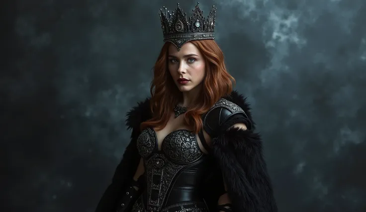 Alexandra Daddario as the gothic warrior queen stands victorious, her raven tresses loose beneath the black crown, fair skin contrasting with piercing blue eyes that burn with quiet intensity. Her red hair is worn loose beneath her black tiara. She wears a...