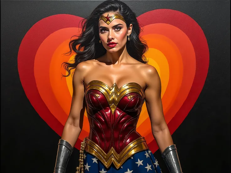 Mosaic painting black to red color heart gradient background, oil painting with visible impressionistic strokes of wonder woman, 
