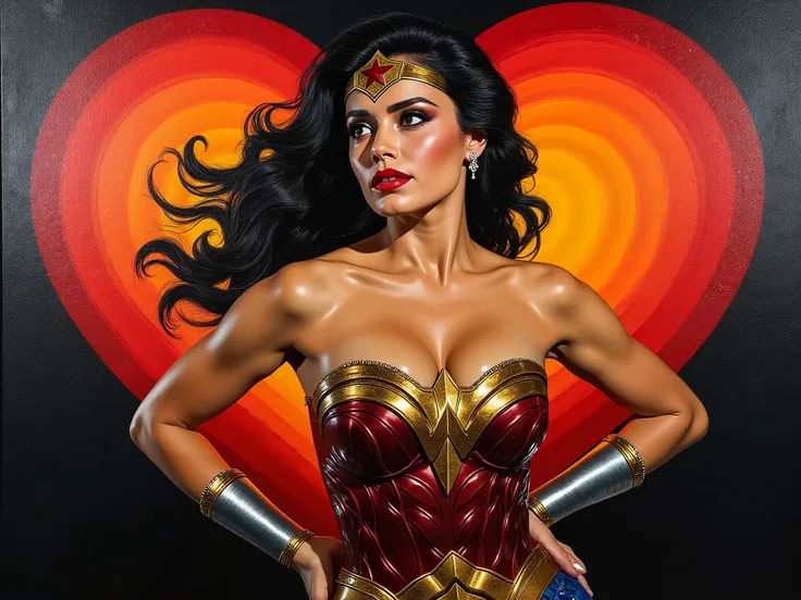 Mosaic painting black to red color heart gradient background, oil painting with visible impressionistic strokes of wonder woman, 