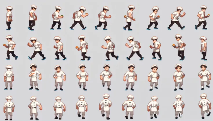 Sprite sheet, chef holding something, cartoon style, game animation