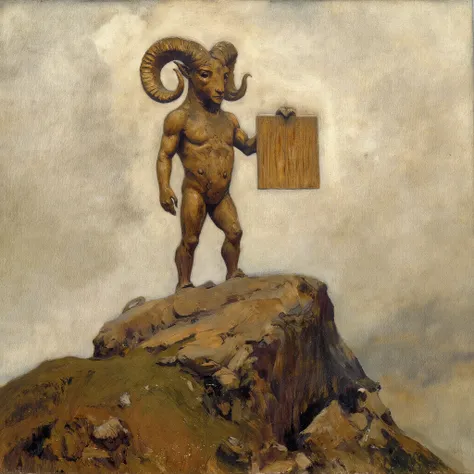 An imposing statue of a demonic ram, carved from wood with intricate details of natural grain and cracks that convey a sense of age. The figure, representing the devil, stands upright in a fully anthropomorphic form, with a humanoid body and ram-like featu...