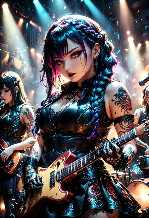 ultra detailed, absolutely resolution, masterpiece, highly detailed, sharp focus, vivid colors, soft lighting, cinematic composition, a mysterious and beautiful live performance by a ladies band, half-up braided hairstyles, wearing black gothic leather ves...