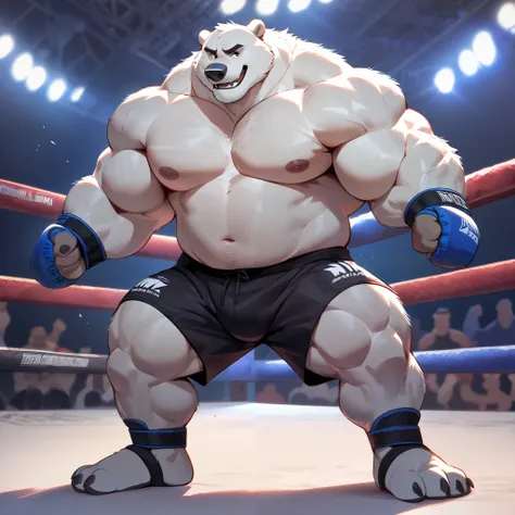 bara polar bear, strong physique, perfect anatomy, masterpiece, gray moustache and beard, wrinkles huge white fur, solo, great lighting, black mouth piece on front teeth, black MMA shorts with blue slits, MMA fingerless gloves with blue knuckle pads, ankle...