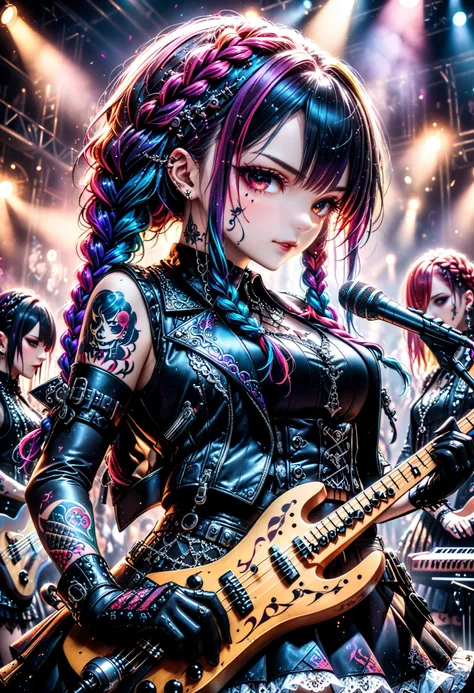 ultra detailed, absolutely resolution, masterpiece, highly detailed, sharp focus, vivid colors, soft lighting, cinematic composition, a mysterious and beautiful live performance by a ladies band, half-up braided hairstyles, wearing black gothic leather ves...