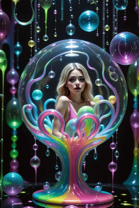 Girls in glass bubbles, very attractive women inside different spheres and orbs.  Extreme glow and shineb reflect off glass orbs glass bubbles in a room full of mirrors. Blonde young women. Around them orbs, spheres, and bubbles, the mirrors reflect all th...