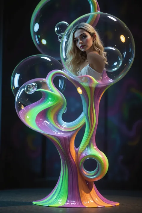 Extreme glow and shine reflect off glass orbs glass bubbles, in a room full of mirrors. Blonde young woman, very attractive, dress is glowing within. Around her reflective bubbles,and the mirrors reflect all the objects. Incorporate perfect symmetry and ro...