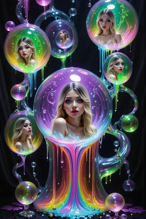 Girls in glass bubbles, very attractive women inside different spheres and orbs.  Extreme glow and shineb reflect off glass orbs glass bubbles in a room full of mirrors. Blonde young women. Around them orbs, spheres, and bubbles, the mirrors reflect all th...
