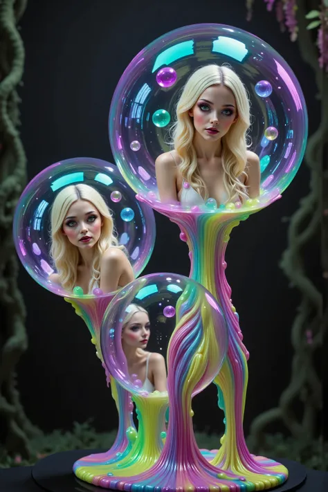 Girls in glass bubbles, very attractive women inside different spheres and orbs.  Extreme glow and shineb reflect off glass orbs glass bubbles in a room full of mirrors. Blonde young women. Around them orbs, spheres, and bubbles, the mirrors reflect all th...