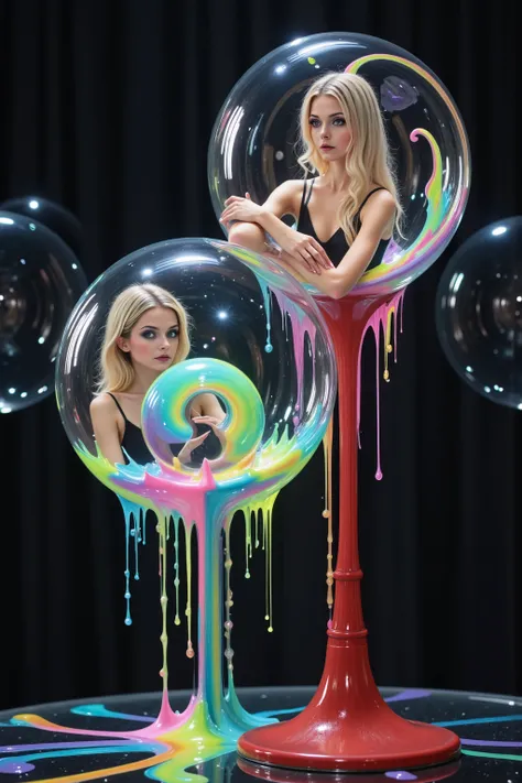 Girls in glass bubbles, very attractive women inside different spheres and orbs.  Extreme glow and shineb reflect off glass orbs glass bubbles in a room full of mirrors. Blonde young women. Around them orbs, spheres, and bubbles, the mirrors reflect all th...