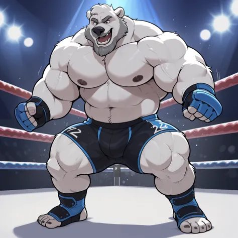 bara polar bear, strong physique, perfect anatomy, masterpiece, gray moustache and beard, wrinkles huge white fur, solo, great lighting, black mouth guard on front teeth, black MMA shorts with blue slits, MMA fingerless gloves with blue knuckle pads, ankle...