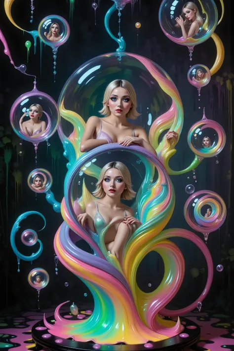 Girls in glass bubbles, very attractive women inside different spheres and orbs.  Extreme glow and shineb reflect off glass orbs glass bubbles in a room full of mirrors. Blonde young women. Around them orbs, spheres, and bubbles, the mirrors reflect all th...