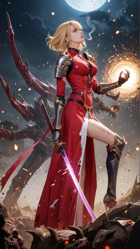 Rating 9, Rating 8, Rating 7, Rating 6, Anime Origin, Explicit Rating, Glowing Skin, Light Particles, Mature Woman, Girl, Slender Body, Slender Legs, Solo, Narrow Shoulders, Slim Body, Medium Chest, Short Hair, Bangs, Blonde Hair, Purple Eyes, 1 girl, (sol...