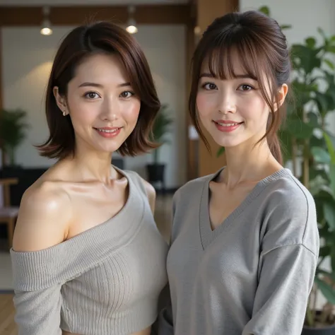『the mood of the face and hairstyle is different2人のJapaneseの女の子:1.9』『real photo:1.3』top quality:1.2、((bigger breasts in bikinis))、slightly visible cleavage、(( 40 year old woman))、((2 people with different faces、2 people with different hairstyles))((smiling...