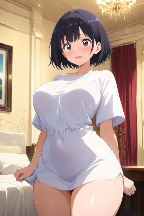 A Anime girl with a beautiful black short hair with bangs, curtain bangs, Black eyes, open mouth, nervous face, perfect face, Large breasts, thin waist, Very wide hips, Very Thick thighs, Large Curvy Body, white Oversized shirt, A luxury evening living roo...