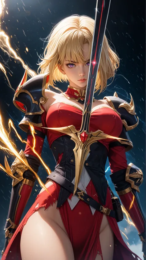 Rating 9, Rating 8, Rating 7, Rating 6, Anime Origin, Explicit Rating, Glowing Skin, Light Particles, Mature Woman, Girl, Slender Body, Slender Legs, Solo, Narrow Shoulders, Slim Body, Medium Chest, Short Hair, Bangs, Blonde Hair, Purple Eyes, 1 girl, (sol...