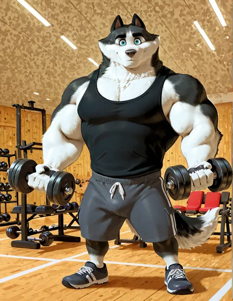 Duke (Arctic Dogs), anthro dog, black fur, white fur, male, blue eyes, high quality, full body, looking at viewer, solo, gym background, thick arms, muscular, black tank top, dark gray gym shorts, gray wristbands, gym shoes, dumbbells, working out,
