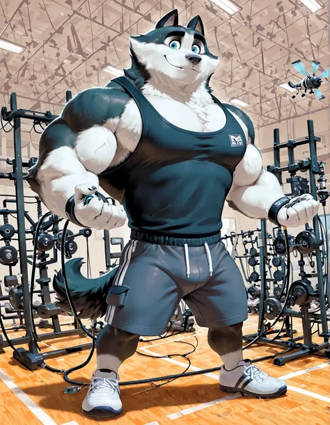 Duke (Arctic Dogs), anthro dog, black fur, white fur, male, blue eyes, high quality, full body, focus on chest workout, Cable Crossover Machine, Cable Fly Machine, solo, gym background, thick arms, muscular, black tank top, dark gray gym shorts, wristbands...