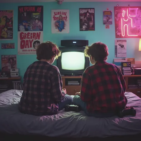 A nostalgic 2000s bedroom in the cinematic style of Stranger Things. Two age boys sit on a messy bed, seen from behind, playing a game on a CRT television placed on a small wooden shelf. A PlayStation 2 rests on top of the TV, with controllers in their han...