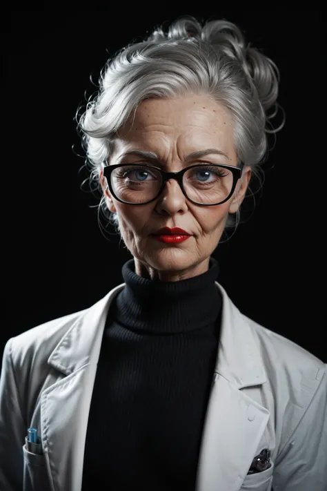 score_9, score_8_up, score_7_up, black background, red lipstick, elderly scientist, lab coat, black rimmed glasses, gray pants, black turtleneck sweater, looking away, blushing, big eyes_blue, frail_thin body, flat chest