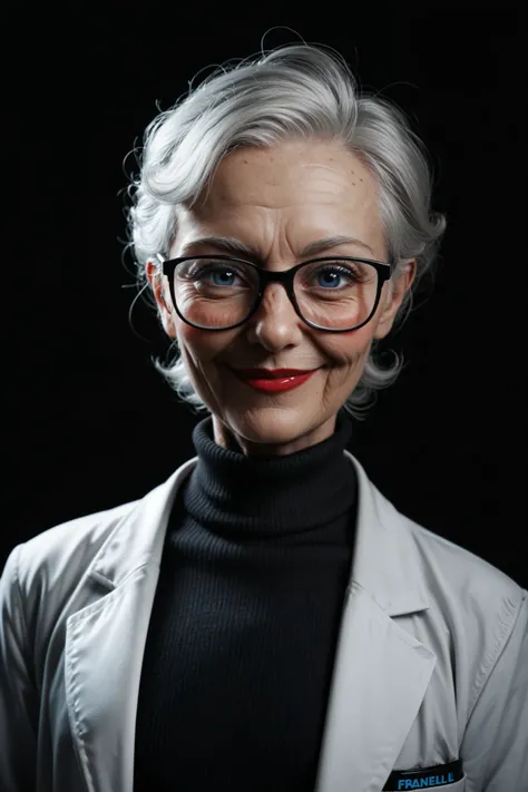 score_9, score_8_up, score_7_up, black background, elderly scientist, lab coat, black rimmed glasses, gray pants, black turtleneck sweater, looking away, (blushing_warmsmile at viewer), big eyes_blue, frail_thin body, flat chest, red lipstick