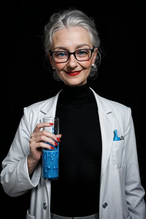 score_9, score_8_up, score_7_up, black background, elderly scientist_bobcuthair, lab coat, holdng beaker of blue liquid, black rimmed glasses, gray pants, black turtleneck sweater, looking away, (blushing_warmsmile at viewer), big eyes_blue, frail_thin bo...