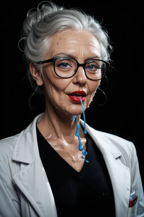 score_9, score_8_up, score_7_up, black background, elderly scientist_bobcuthair, lab coat, drinking beaker of blue liquid, black rimmed glasses, gray pants, black turtleneck sweater,breathing haird, eyesclosed, sweaty, mouth open wide, big eyes_blue, frai...