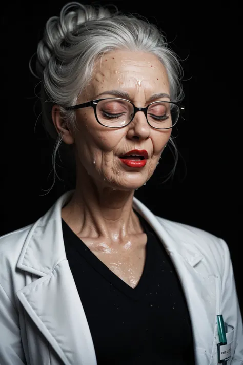 score_9, score_8_up, score_7_up, black background, elderly scientist_bobcuthair, lab coat,eyes closed, black rimmed glasses, gray pants, black turtleneck sweater,breathing haird, eyesclosed, sweaty, mouth open wide, big eyes_blue, frail_thin body, flat ch...