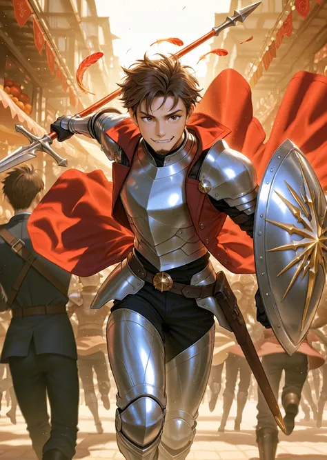 A charming middle-aged male knight wearing silver armor, armor covered over the top with a red coat with gold details runs at high speed through the middle of a bustling street market. Your red wide-brimmed hat, adorned with gold feathers and a metallic or...