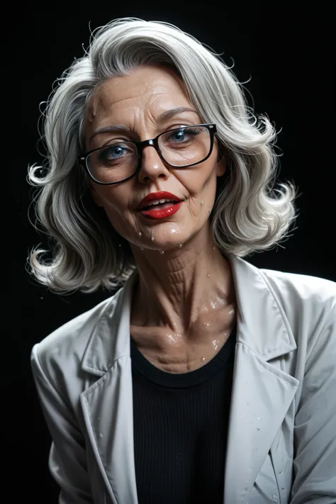 score_9, score_8_up, score_7_up, black background, elderly scientist_shoulderlength hair, lab coat,eyes half stare at viewer with love, black rimmed glasses, gray pants, black turtleneck sweater,breathing haird, , sweaty, mouth open wide, big eyes_blue, f...