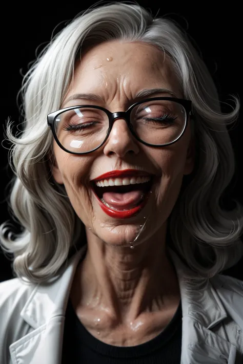 score_9, score_8_up, score_7_up, black background, elderly scientist_shoulderlength hair, lab coat,eyes eyes closed long eyelashes, screaming smile, black rimmed glasses, gray pants, black turtleneck sweater,breathing haird, , sweaty, mouth open wide, big...