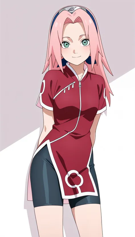 masterpiece, best quality, very aesthetic, absurdres BREAK
1girl, haruno sakura, pink hair, long hair, green eyes
red shirt, red qipao ,zipper, short sleeves, bike shorts
hands behind back, smile, , looking at viewer, solo, simple background, white backgro...