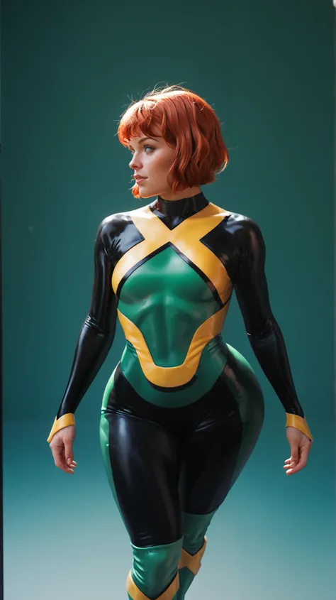 jeangreymarvelnow, short hair, red hair, bodysuit, green eyes, green bodysuit, gigantic butt exposed