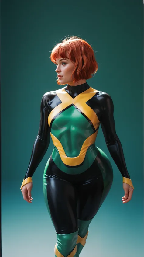 jeangreymarvelnow, short hair, red hair, bodysuit, green eyes, green bodysuit, gigantic butt exposed