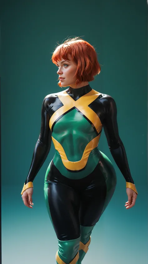 jeangreymarvelnow, short hair, red hair, bodysuit, green eyes, green bodysuit, gigantic butt exposed