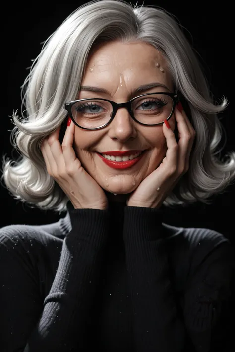 score_9, score_8_up, score_7_up, black background, elderly scientist_shoulderlength hair, (gray hair with slight brown), long eyelashes, hands on face, deep pleasure smile, eyes closedr, black rimmed glasses, gray pants, black turtleneck sweater,breathi...