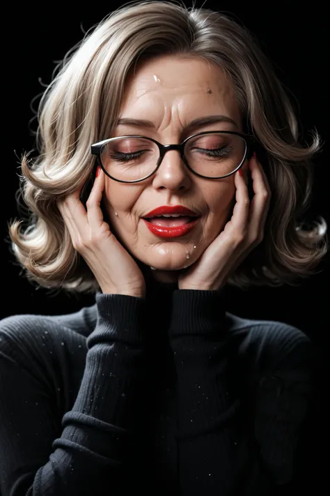 score_9, score_8_up, score_7_up, black background, elderly scientist_shoulderlength hair, (gray|brown hair), long eyelashes, hands on face, deep pleasuremoan, eyes closed, black rimmed glasses, gray pants, black turtleneck sweater,breathing haird, , swea...