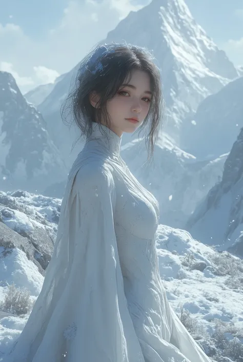 (ultra Realistic) , (illustration), (Enhance resolution), (8k), ( Extremely Detailed), ( detailed face ), Slim Body, in the dark , deep shadow, low profile, pureerosfaceace_v1, Happy smile, Winter, Mountain