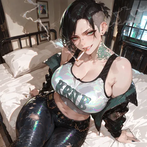 (((Masterpiece, high quality, detailed image, 1woman, mature face, black hair, undercut-hairstyle, smoking a cigarette))), human, pale skintone, iridescent green eyes, curvy body, nose piercing, neck tattoo, big breasts, thick thighs, glaring at viewer, cr...