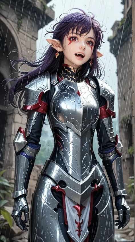 anime screencap, masterpiece, best quality,
1girl, solo, open mouth, fangs, floating hair,
long hair, purple hair, red eyes, facial mark, pointy ears, earrings,
EsilGreyArmor, black bodysuit, red trim, buttons, grey armor, blue elbow pads, gauntlets, greav...