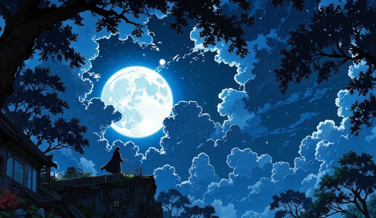A cinematic anime-style scene of a moonlit night, captured from a dynamic low-angle shot. The enormous full moon dominates the sky, casting an ethereal silver glow over the world. Wisps of clouds drift past, partially veiling the celestial body, while the ...