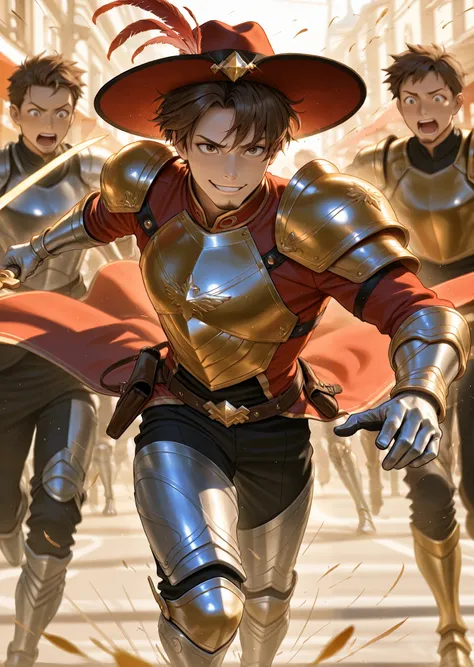 A charming male rider wearing a breastplate with shoulder pads and silver gloves, covered over the top with a red coat with gold details, Also using silver greaves, runs at high speed through the middle of a busy street market. Your red wide-brimmed hat, a...