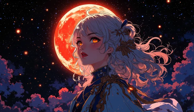 A mystical anime girl stands beneath a lunar eclipse, her eyes glowing with celestial power. The close-up shot, viewed from below, captures her silver hair flowing in zero gravity, illuminated by the red moon’s eerie glow. Tiny fragments of light swirl aro...