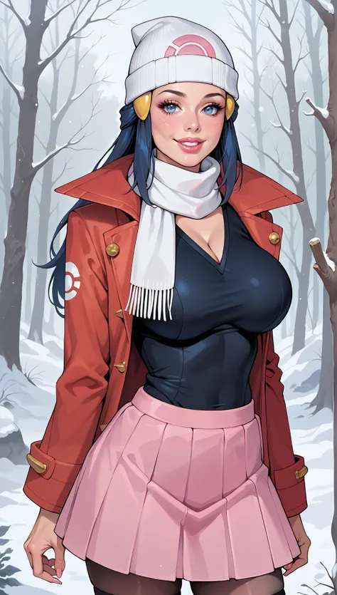 1 girl, ((Dawn from Pokemon)), ((big perfectly round gravity defying fake )), dark blue hair bimbo slut, adult age 22, detailed blue eyes, bimbo lips, toque hat, white scarf, winter red coat very busty, pink pleated miniskirt, (Pokemon winter Forest settin...