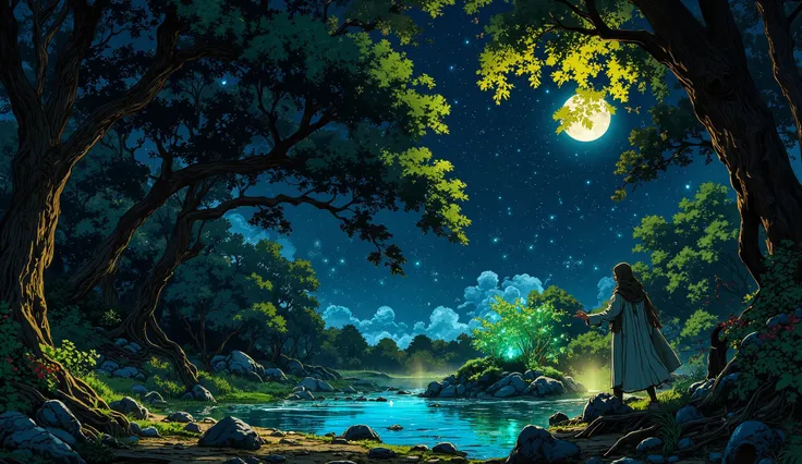 A tranquil, glowing forest bathed in moonlight, where ancient trees with twisting roots surround a crystal-clear pond. The camera is positioned from a slightly elevated angle, capturing a lone traveler in a flowing cloak standing near the water’s edge. Eth...