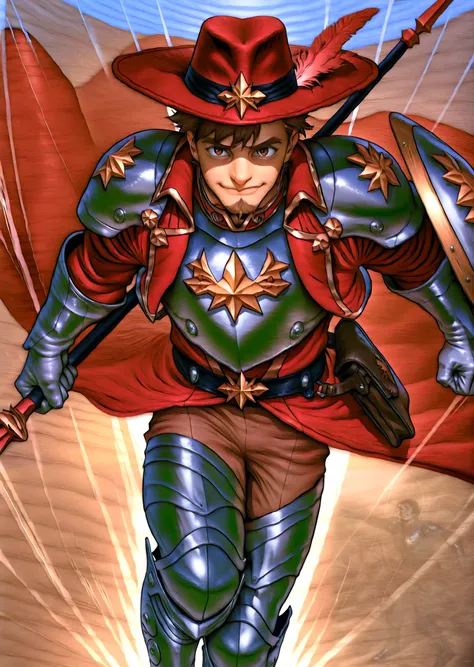 A charming mature male rider wearing a chest plate with shoulder pads and silver gloves, covered on top with a red overcoat with gold details, Also using silver greaves, runs at high speed through the middle of a bustling street market. Your red wide-brimm...