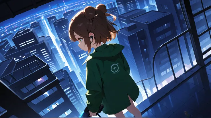 (Incredibly Absurdres Absolutely Resolution: 1.5), Top Quality, Masterpiece, Ultra High Definition, 1 adolescent, short hair, hair buns, brown hair, green eyes, detailed eyes, smooth lines, cute, sexy pose, big headset, wearing a green jacket, on a rooftop...