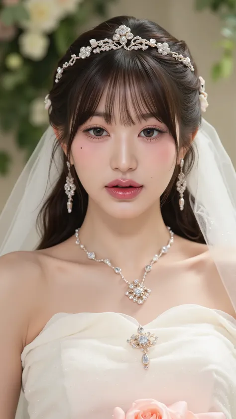 A close up of a woman in a wedding dress holding a bouquet, gorgeous young korean woman, beautiful young korean woman, beautiful south korean woman, jaeyeon nam, 2 , 2 , jinyoung shin, very beautiful young woman, very beautiful girl, 2 , korean girl, wenfe...
